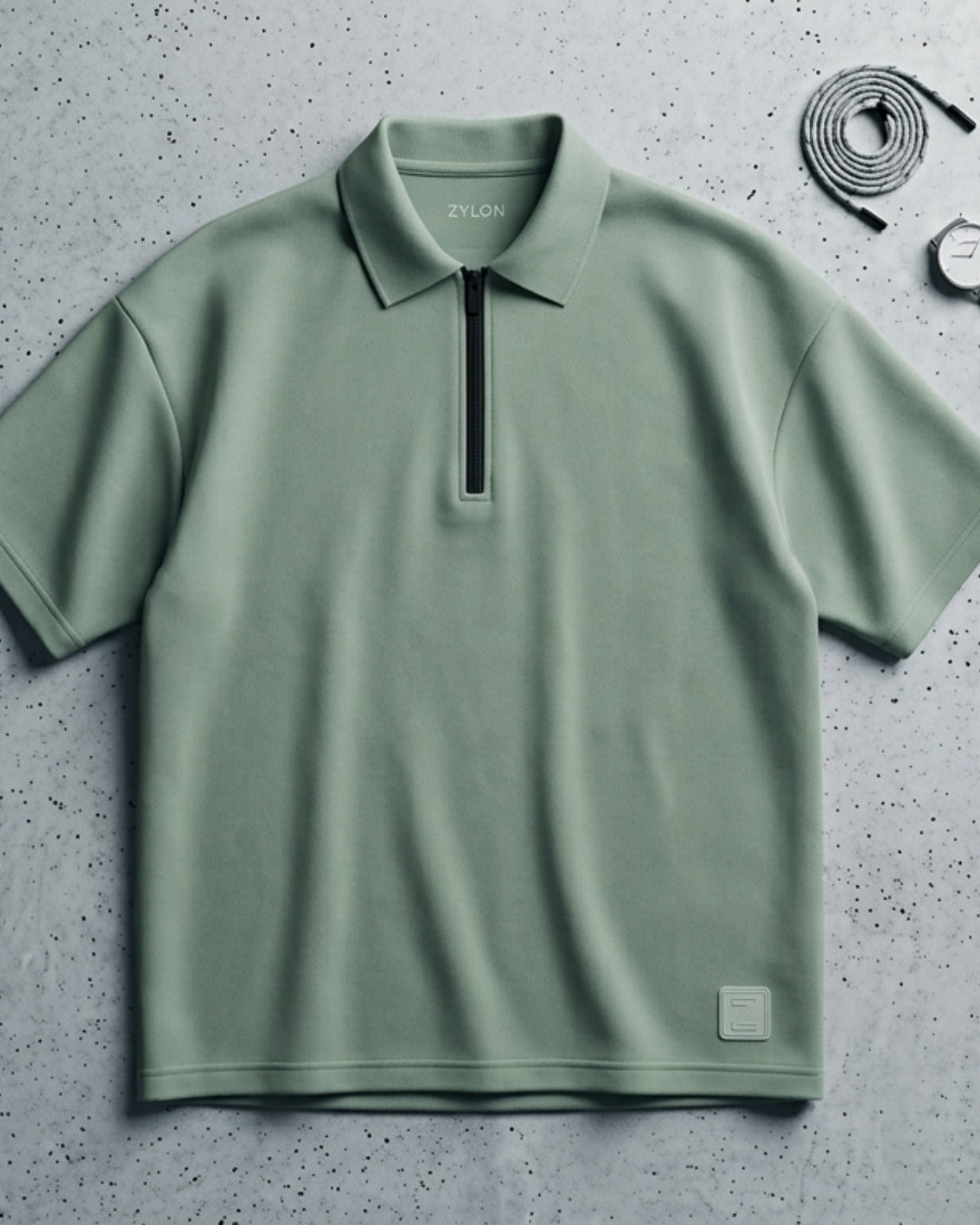 Zylon Heavy Knit Quarter-Zip Polo | Sage Green