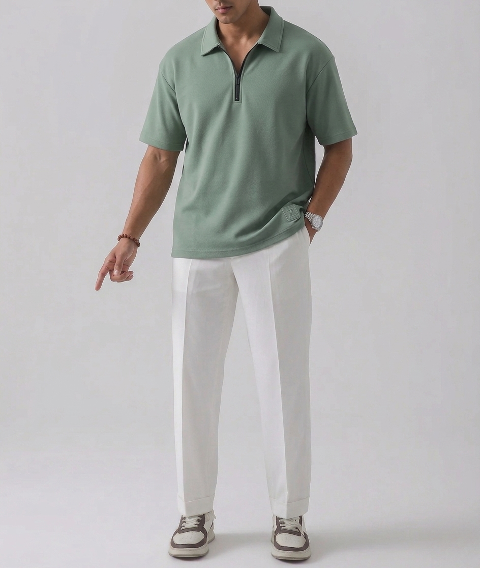 Zylon Heavy Knit Quarter-Zip Polo | Sage Green